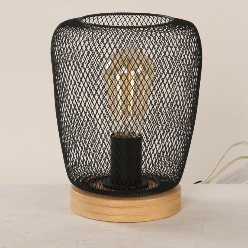 1 Bulb Table Lamp Industrial Stylish Pear/Barrel Shade Metal and Wood Task Lamp with Wire Guard in Black for Bedroom Clearhalo 'Lamps' 'Table Lamps' Lighting' 679243