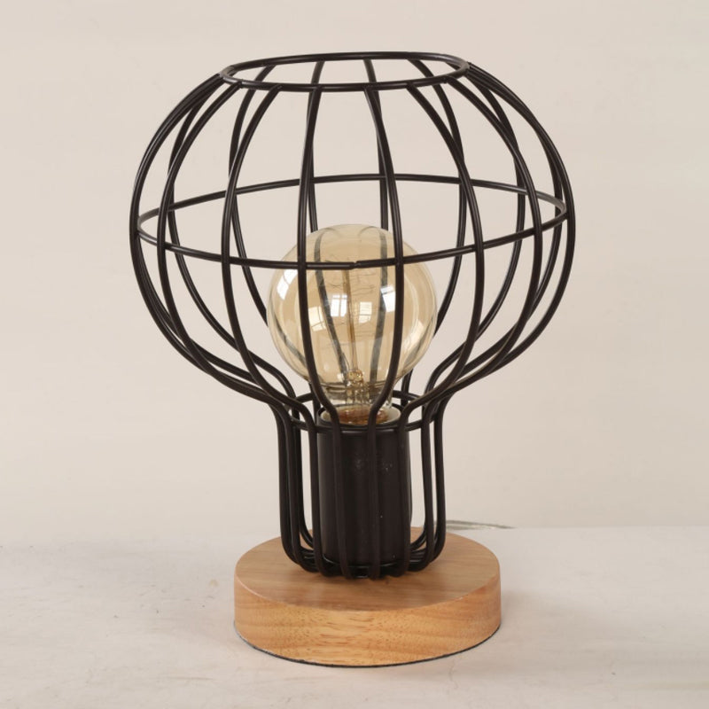 1 Bulb Table Lamp Industrial Stylish Pear/Barrel Shade Metal and Wood Task Lamp with Wire Guard in Black for Bedroom Clearhalo 'Lamps' 'Table Lamps' Lighting' 679244