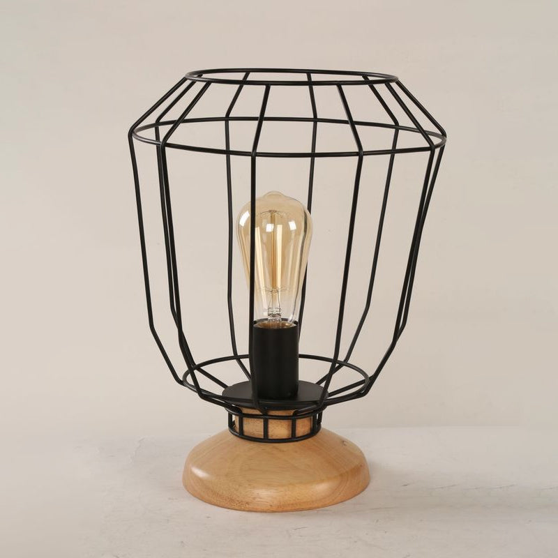 1 Bulb Table Lamp Industrial Stylish Pear/Barrel Shade Metal and Wood Task Lamp with Wire Guard in Black for Bedroom Clearhalo 'Lamps' 'Table Lamps' Lighting' 679245