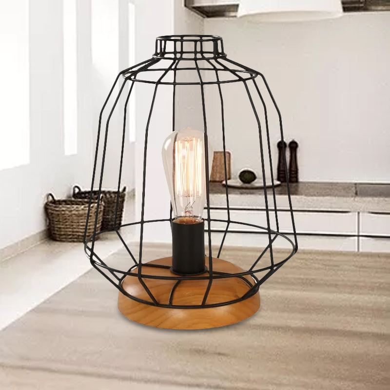 1 Bulb Table Lamp Industrial Stylish Pear/Barrel Shade Metal and Wood Task Lamp with Wire Guard in Black for Bedroom Clearhalo 'Lamps' 'Table Lamps' Lighting' 679246