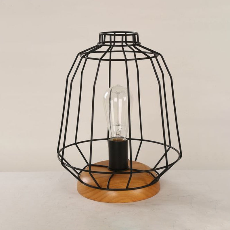 1 Bulb Table Lamp Industrial Stylish Pear/Barrel Shade Metal and Wood Task Lamp with Wire Guard in Black for Bedroom Clearhalo 'Lamps' 'Table Lamps' Lighting' 679247