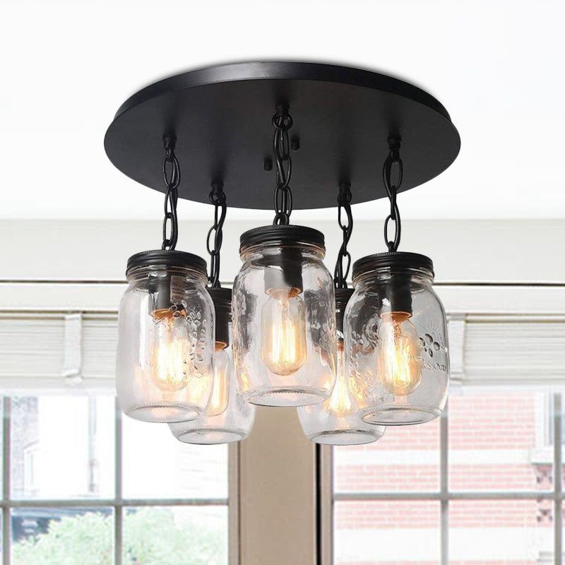 Mason Jar Etched Clear Glass Semi Flush Industrial 3/5-Bulb Dining Room Light Fixture Clearhalo 'Ceiling Lights' 'Close To Ceiling Lights' 'Close to ceiling' 'Glass shade' 'Glass' 'Semi-flushmount' Lighting' 679250