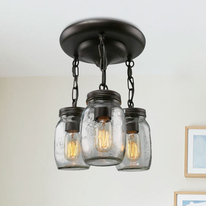 Mason Jar Etched Clear Glass Semi Flush Industrial 3/5-Bulb Dining Room Light Fixture Clearhalo 'Ceiling Lights' 'Close To Ceiling Lights' 'Close to ceiling' 'Glass shade' 'Glass' 'Semi-flushmount' Lighting' 679251