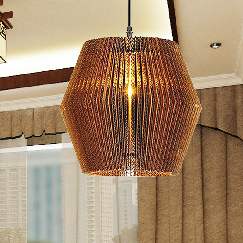 1 Light Hanging Lamp with Cylinder/Oval Shade Corrugated Paper Asian Stylish Restaurant Pendant Light Fixture in Brown Clearhalo 'Ceiling Lights' 'Modern Pendants' 'Modern' 'Pendant Lights' 'Pendants' Lighting' 679252