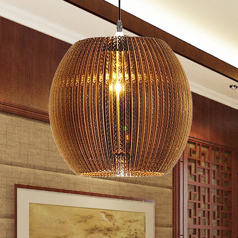 1 Light Hanging Lamp with Cylinder/Oval Shade Corrugated Paper Asian Stylish Restaurant Pendant Light Fixture in Brown Clearhalo 'Ceiling Lights' 'Modern Pendants' 'Modern' 'Pendant Lights' 'Pendants' Lighting' 679253