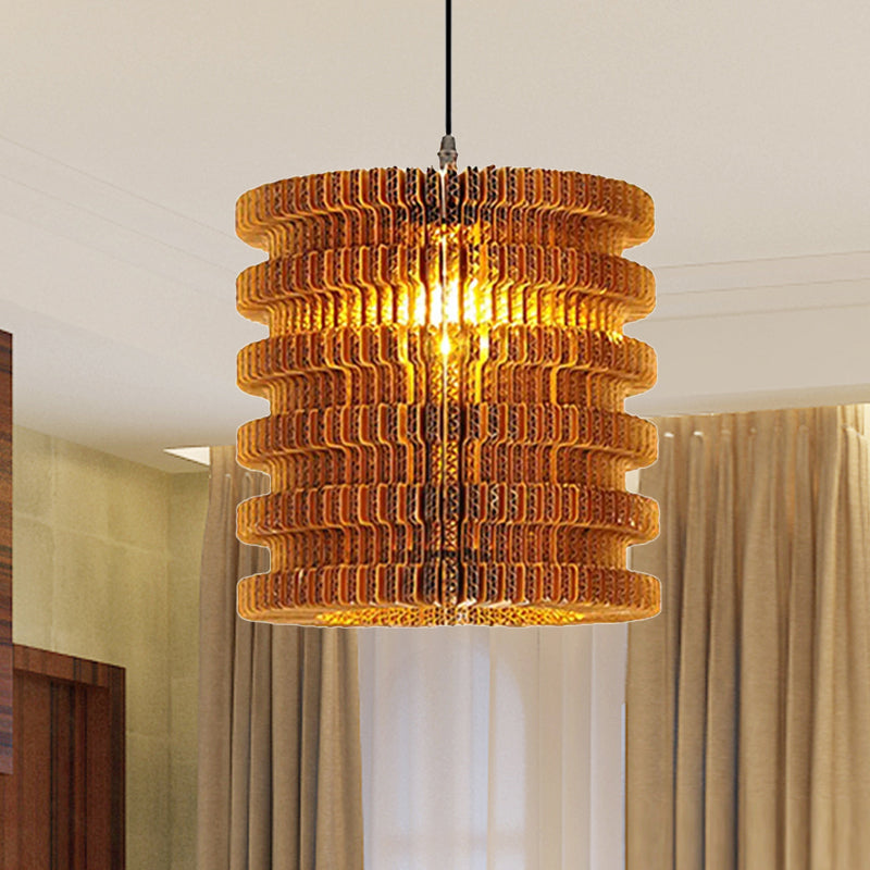 1 Light Hanging Lamp with Cylinder/Oval Shade Corrugated Paper Asian Stylish Restaurant Pendant Light Fixture in Brown Clearhalo 'Ceiling Lights' 'Modern Pendants' 'Modern' 'Pendant Lights' 'Pendants' Lighting' 679254