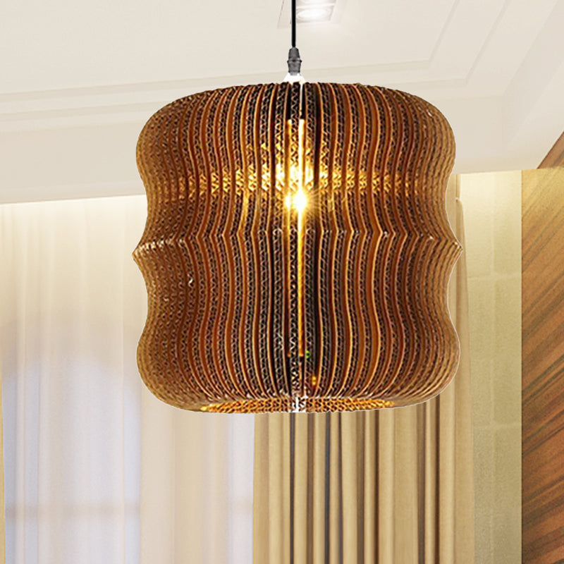 1 Light Hanging Lamp with Cylinder/Oval Shade Corrugated Paper Asian Stylish Restaurant Pendant Light Fixture in Brown Clearhalo 'Ceiling Lights' 'Modern Pendants' 'Modern' 'Pendant Lights' 'Pendants' Lighting' 679255