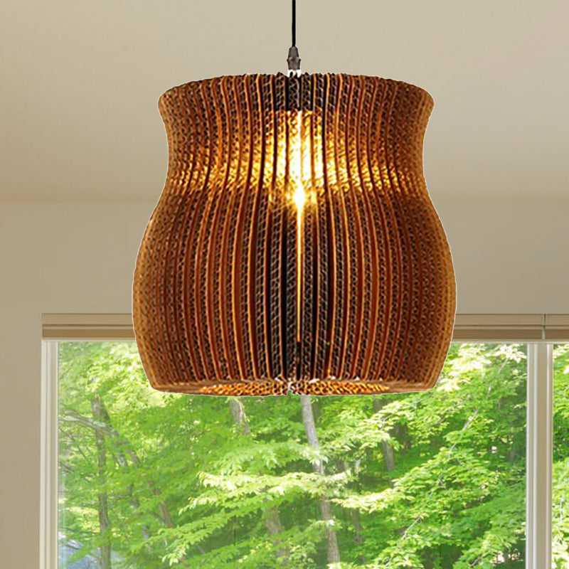 1 Light Hanging Lamp with Cylinder/Oval Shade Corrugated Paper Asian Stylish Restaurant Pendant Light Fixture in Brown Clearhalo 'Ceiling Lights' 'Modern Pendants' 'Modern' 'Pendant Lights' 'Pendants' Lighting' 679256