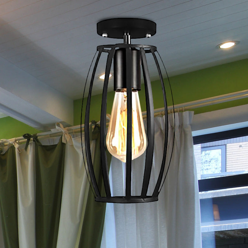 Barn/Oval Restaurant Semi Flush Mount Light with Cage Shade Farmhouse Metal 1 Light Black Ceiling Light Fixture Clearhalo 'Ceiling Lights' 'Close To Ceiling Lights' 'Close to ceiling' 'Semi-flushmount' Lighting' 679259