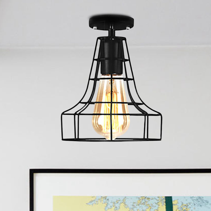 Barn/Oval Restaurant Semi Flush Mount Light with Cage Shade Farmhouse Metal 1 Light Black Ceiling Light Fixture Clearhalo 'Ceiling Lights' 'Close To Ceiling Lights' 'Close to ceiling' 'Semi-flushmount' Lighting' 679260