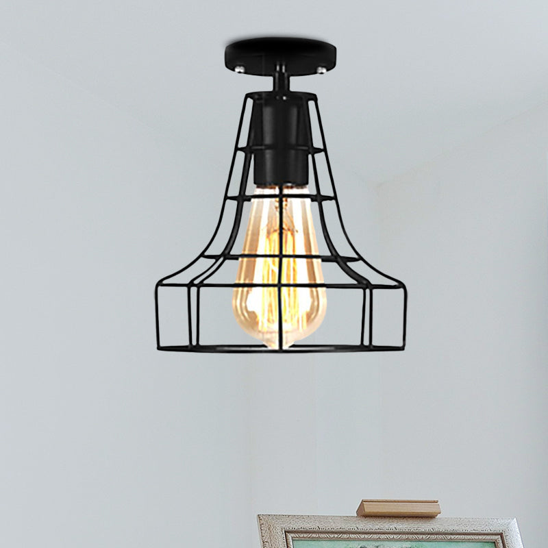 Barn/Oval Restaurant Semi Flush Mount Light with Cage Shade Farmhouse Metal 1 Light Black Ceiling Light Fixture Clearhalo 'Ceiling Lights' 'Close To Ceiling Lights' 'Close to ceiling' 'Semi-flushmount' Lighting' 679261