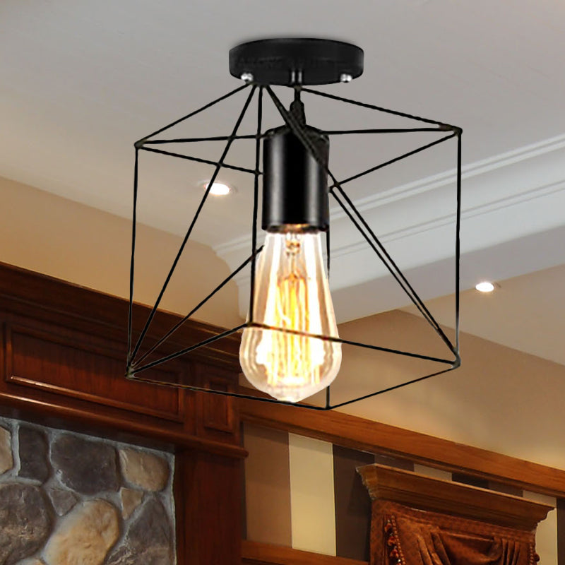 Barn/Oval Restaurant Semi Flush Mount Light with Cage Shade Farmhouse Metal 1 Light Black Ceiling Light Fixture Clearhalo 'Ceiling Lights' 'Close To Ceiling Lights' 'Close to ceiling' 'Semi-flushmount' Lighting' 679262