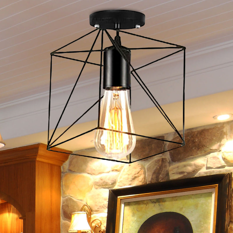 Barn/Oval Restaurant Semi Flush Mount Light with Cage Shade Farmhouse Metal 1 Light Black Ceiling Light Fixture Clearhalo 'Ceiling Lights' 'Close To Ceiling Lights' 'Close to ceiling' 'Semi-flushmount' Lighting' 679263