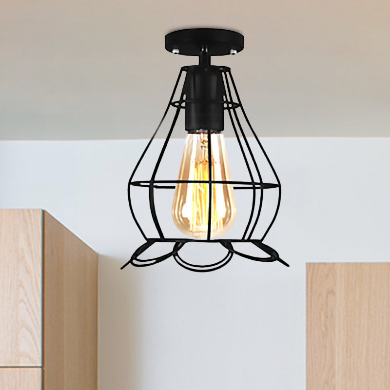 Barn/Oval Restaurant Semi Flush Mount Light with Cage Shade Farmhouse Metal 1 Light Black Ceiling Light Fixture Clearhalo 'Ceiling Lights' 'Close To Ceiling Lights' 'Close to ceiling' 'Semi-flushmount' Lighting' 679264