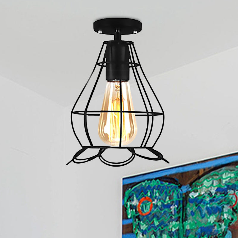 Barn/Oval Restaurant Semi Flush Mount Light with Cage Shade Farmhouse Metal 1 Light Black Ceiling Light Fixture Clearhalo 'Ceiling Lights' 'Close To Ceiling Lights' 'Close to ceiling' 'Semi-flushmount' Lighting' 679265