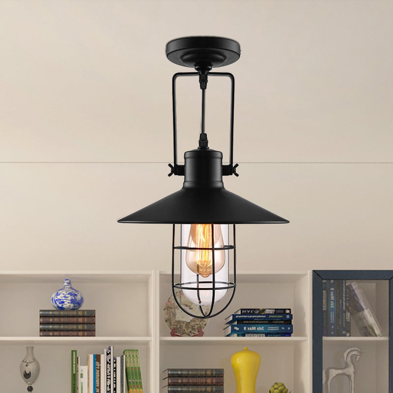 Nautical Cone Semi Flush Mount Lighting 1 Head Metal Ceiling Mounted Light with Cage Shade in Black Clearhalo 'Ceiling Lights' 'Close To Ceiling Lights' 'Close to ceiling' 'Semi-flushmount' Lighting' 679275