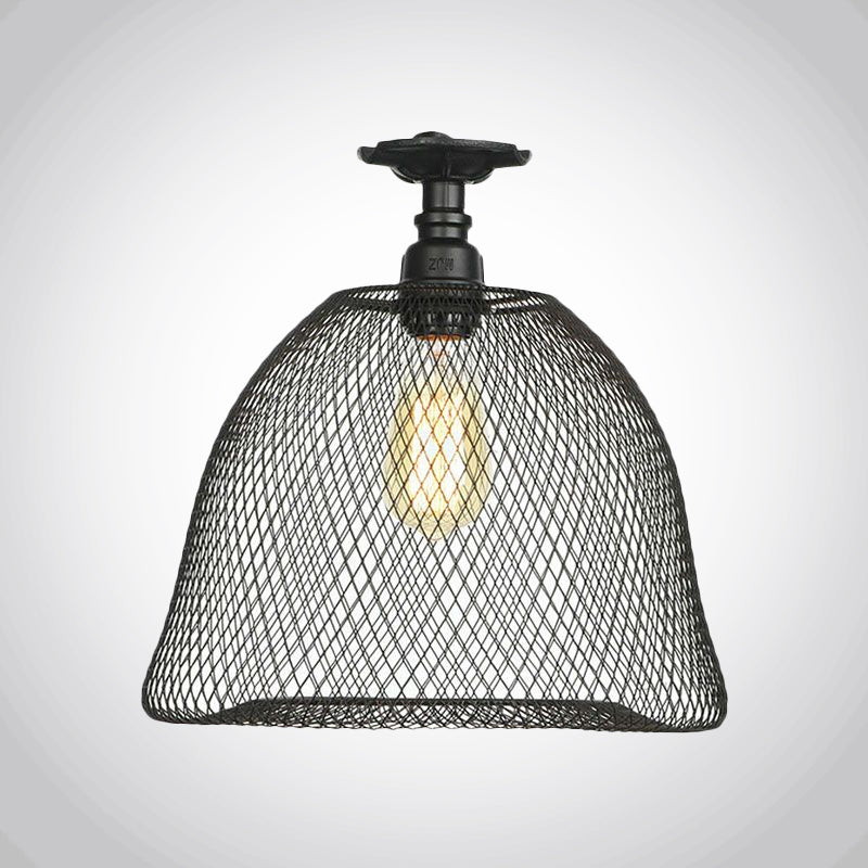 1 Bulb Saucer/Barrel Semi Flush Light Industrial Stylish Black Finish Metal Ceiling Mounted Light with Mesh Screen Clearhalo 'Ceiling Lights' 'Close To Ceiling Lights' 'Close to ceiling' 'Semi-flushmount' Lighting' 679280