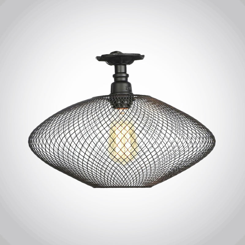 1 Bulb Saucer/Barrel Semi Flush Light Industrial Stylish Black Finish Metal Ceiling Mounted Light with Mesh Screen Clearhalo 'Ceiling Lights' 'Close To Ceiling Lights' 'Close to ceiling' 'Semi-flushmount' Lighting' 679281