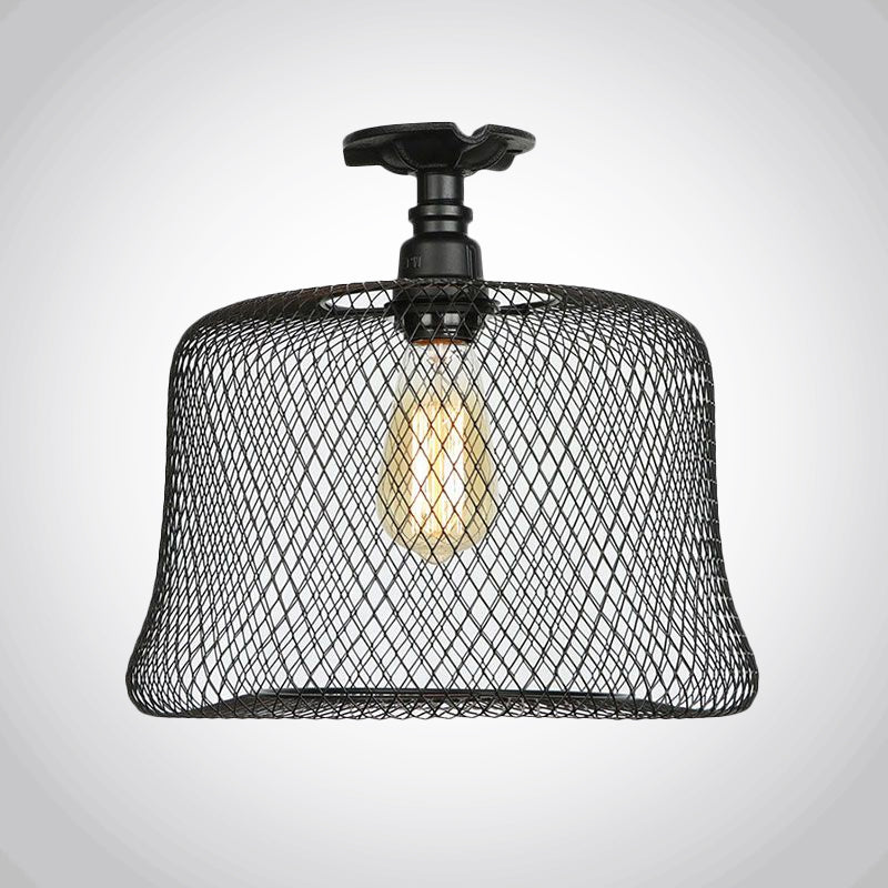 1 Bulb Saucer/Barrel Semi Flush Light Industrial Stylish Black Finish Metal Ceiling Mounted Light with Mesh Screen Clearhalo 'Ceiling Lights' 'Close To Ceiling Lights' 'Close to ceiling' 'Semi-flushmount' Lighting' 679282