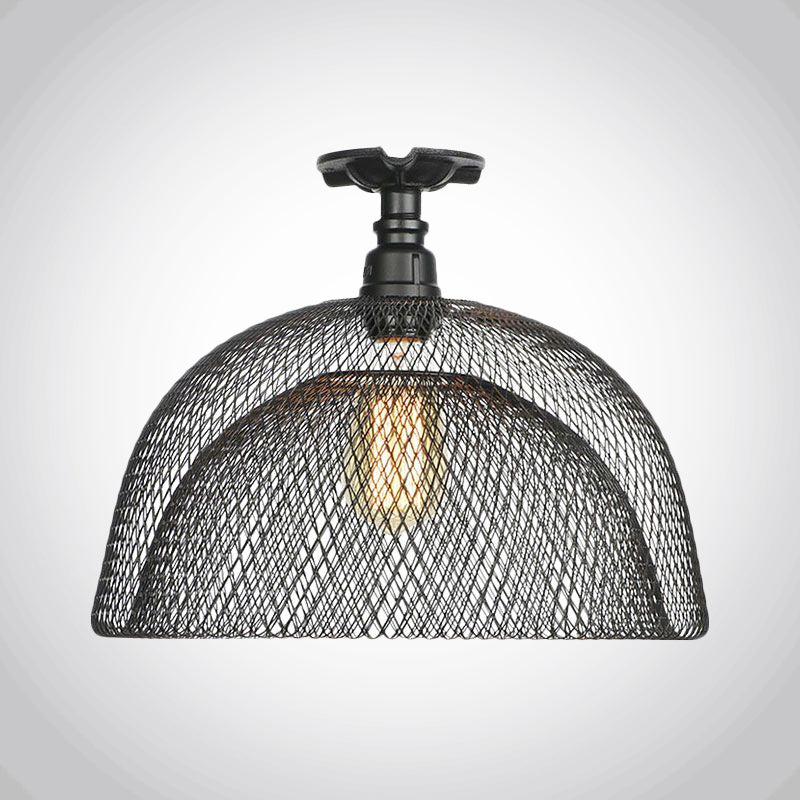 1 Bulb Saucer/Barrel Semi Flush Light Industrial Stylish Black Finish Metal Ceiling Mounted Light with Mesh Screen Clearhalo 'Ceiling Lights' 'Close To Ceiling Lights' 'Close to ceiling' 'Semi-flushmount' Lighting' 679283