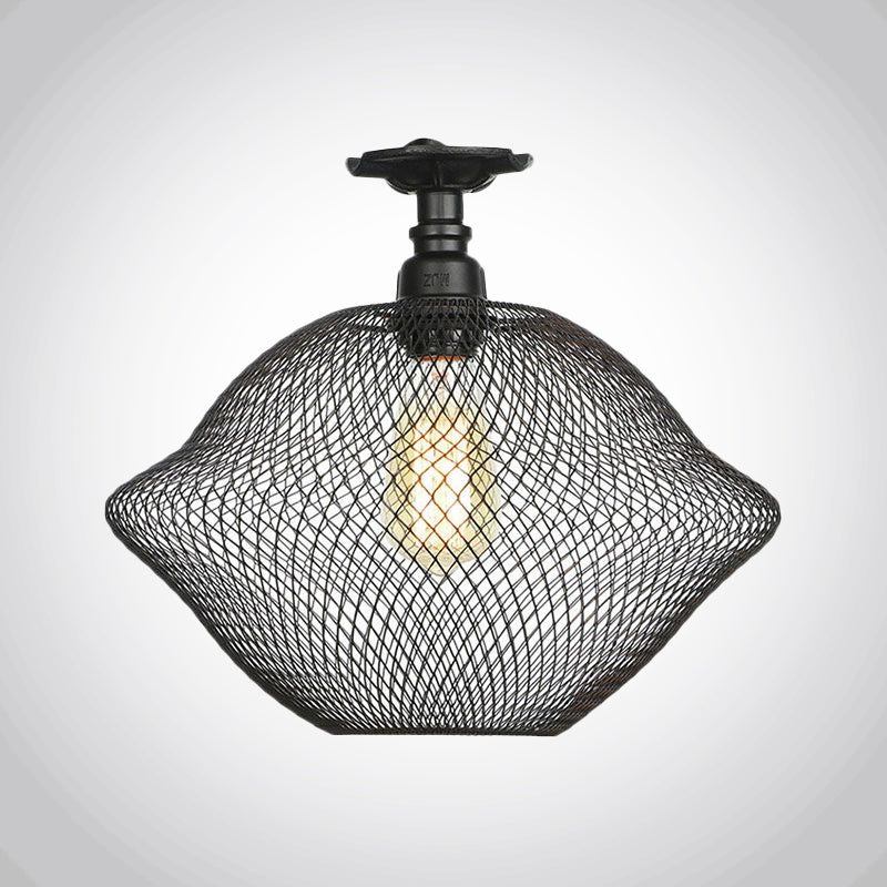 1 Bulb Saucer/Barrel Semi Flush Light Industrial Stylish Black Finish Metal Ceiling Mounted Light with Mesh Screen Clearhalo 'Ceiling Lights' 'Close To Ceiling Lights' 'Close to ceiling' 'Semi-flushmount' Lighting' 679284