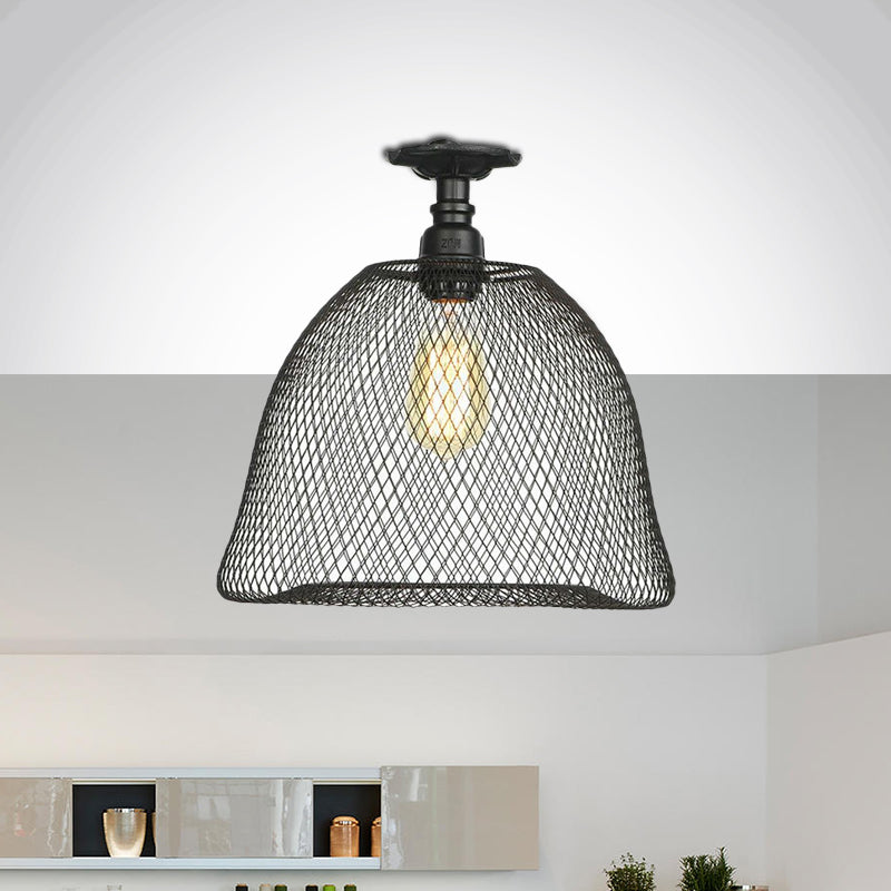 1 Bulb Saucer/Barrel Semi Flush Light Industrial Stylish Black Finish Metal Ceiling Mounted Light with Mesh Screen Clearhalo 'Ceiling Lights' 'Close To Ceiling Lights' 'Close to ceiling' 'Semi-flushmount' Lighting' 679285