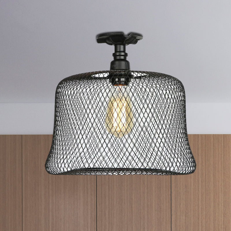 1 Bulb Saucer/Barrel Semi Flush Light Industrial Stylish Black Finish Metal Ceiling Mounted Light with Mesh Screen Clearhalo 'Ceiling Lights' 'Close To Ceiling Lights' 'Close to ceiling' 'Semi-flushmount' Lighting' 679287