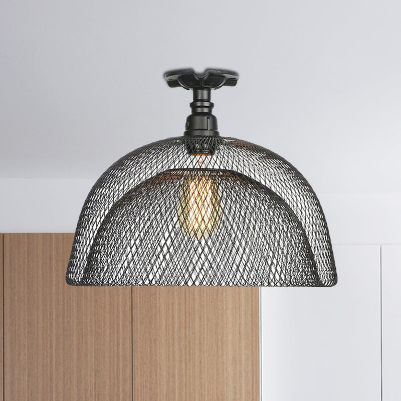 1 Bulb Saucer/Barrel Semi Flush Light Industrial Stylish Black Finish Metal Ceiling Mounted Light with Mesh Screen Clearhalo 'Ceiling Lights' 'Close To Ceiling Lights' 'Close to ceiling' 'Semi-flushmount' Lighting' 679288