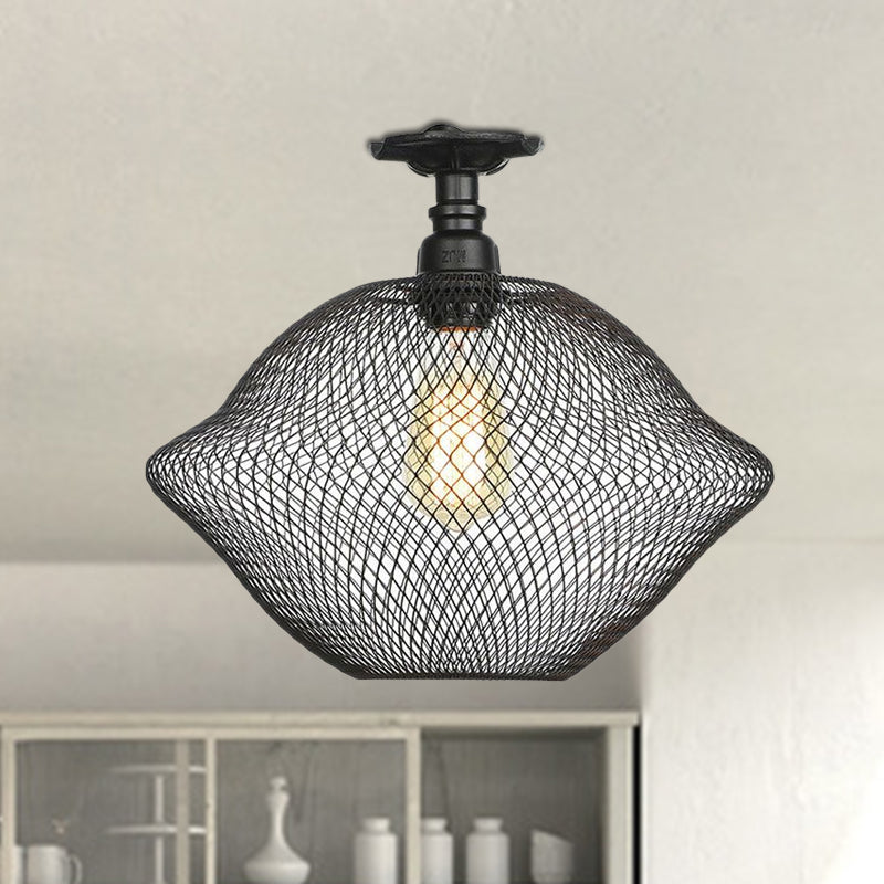 1 Bulb Saucer/Barrel Semi Flush Light Industrial Stylish Black Finish Metal Ceiling Mounted Light with Mesh Screen Clearhalo 'Ceiling Lights' 'Close To Ceiling Lights' 'Close to ceiling' 'Semi-flushmount' Lighting' 679289