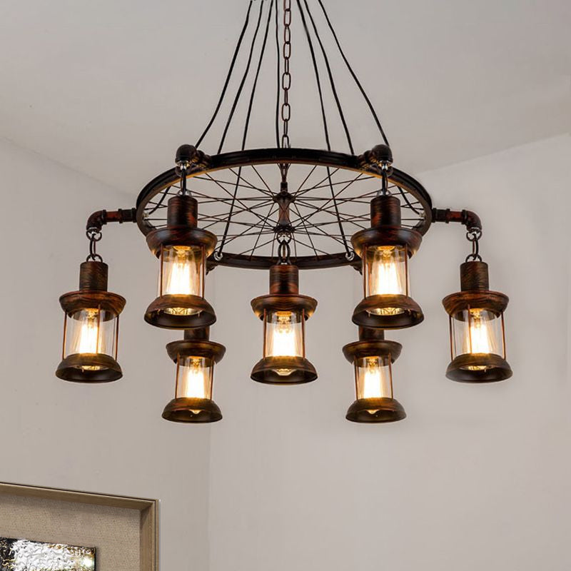 Coastal Lantern Hanging Lamp 7 Lights Clear Glass Chandelier Lighting in Rust with Wheel Clearhalo 'Ceiling Lights' 'Chandeliers' Lighting' options 679309