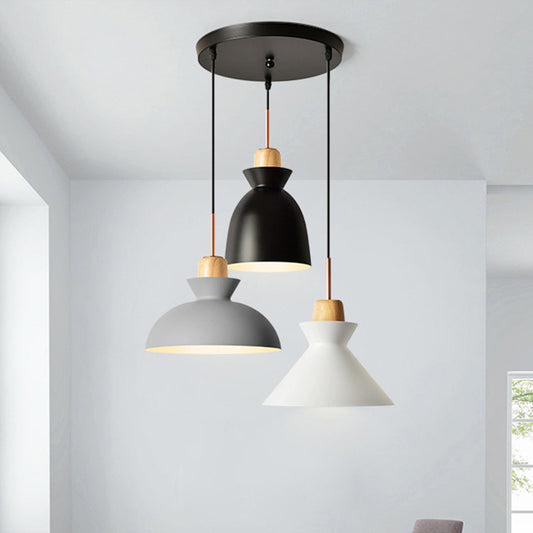 3 Bulbs Pendant Lighting with Shade Metal and Wood Nordic Style Indoor Ceiling Light Fixture in Black Clearhalo 'Ceiling Lights' 'Modern Pendants' 'Modern' 'Pendant Lights' 'Pendants' Lighting' 679325