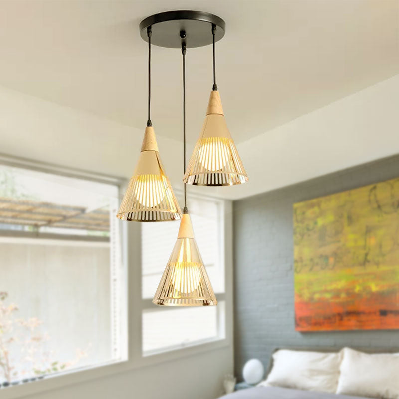 Nordic Cone Ceiling Light 3 Heads Metal and Wood Pendant Lighting with Wire Frame and Linear/Round Canopy in Black/White Clearhalo 'Ceiling Lights' 'Modern Pendants' 'Modern' 'Pendant Lights' 'Pendants' Lighting' 679327