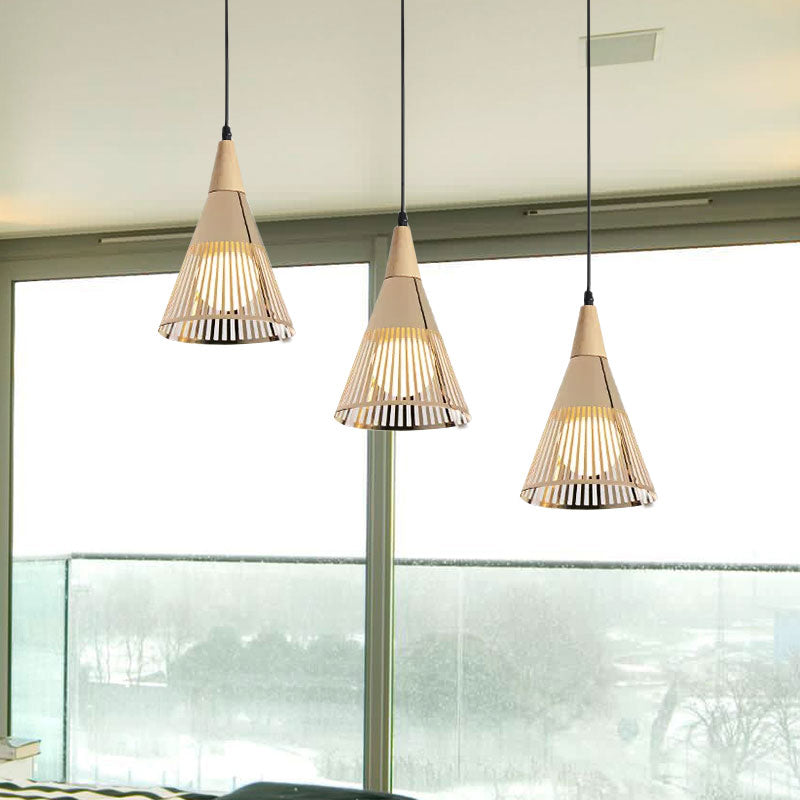 Nordic Cone Ceiling Light 3 Heads Metal and Wood Pendant Lighting with Wire Frame and Linear/Round Canopy in Black/White Clearhalo 'Ceiling Lights' 'Modern Pendants' 'Modern' 'Pendant Lights' 'Pendants' Lighting' 679328