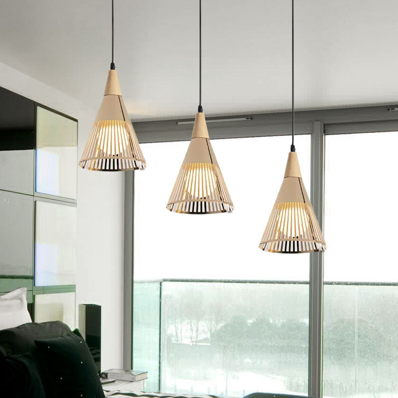 Nordic Cone Ceiling Light 3 Heads Metal and Wood Pendant Lighting with Wire Frame and Linear/Round Canopy in Black/White Clearhalo 'Ceiling Lights' 'Modern Pendants' 'Modern' 'Pendant Lights' 'Pendants' Lighting' 679329