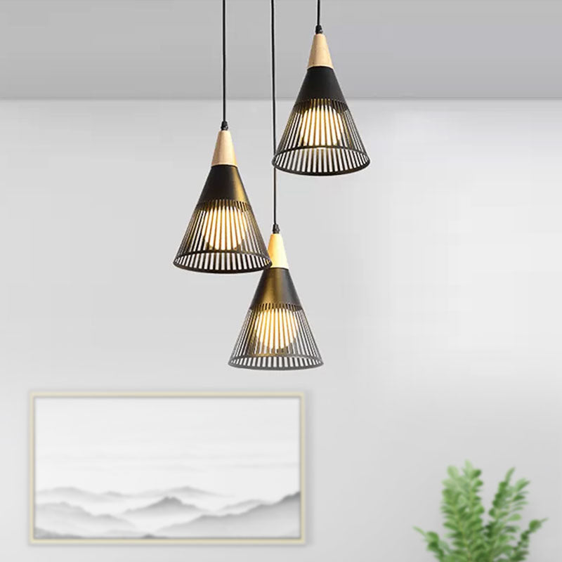 Nordic Cone Ceiling Light 3 Heads Metal and Wood Pendant Lighting with Wire Frame and Linear/Round Canopy in Black/White Clearhalo 'Ceiling Lights' 'Modern Pendants' 'Modern' 'Pendant Lights' 'Pendants' Lighting' 679330