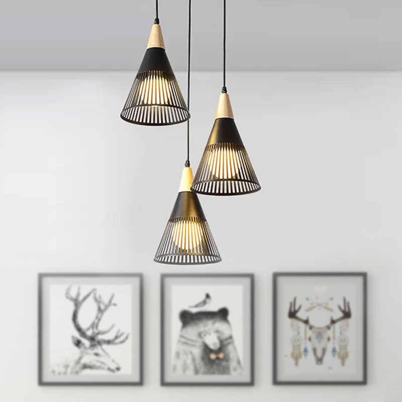 Nordic Cone Ceiling Light 3 Heads Metal and Wood Pendant Lighting with Wire Frame and Linear/Round Canopy in Black/White Clearhalo 'Ceiling Lights' 'Modern Pendants' 'Modern' 'Pendant Lights' 'Pendants' Lighting' 679331