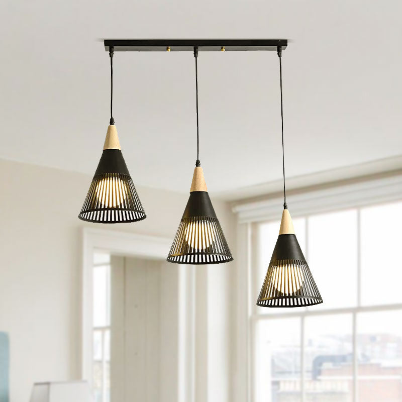 Nordic Cone Ceiling Light 3 Heads Metal and Wood Pendant Lighting with Wire Frame and Linear/Round Canopy in Black/White Clearhalo 'Ceiling Lights' 'Modern Pendants' 'Modern' 'Pendant Lights' 'Pendants' Lighting' 679332