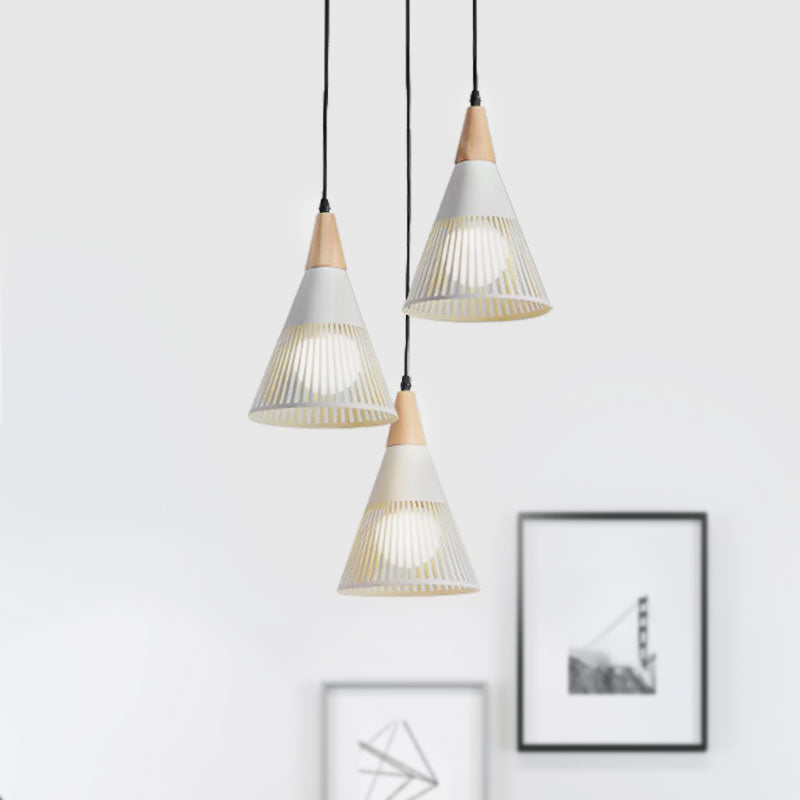 Nordic Cone Ceiling Light 3 Heads Metal and Wood Pendant Lighting with Wire Frame and Linear/Round Canopy in Black/White Clearhalo 'Ceiling Lights' 'Modern Pendants' 'Modern' 'Pendant Lights' 'Pendants' Lighting' 679333