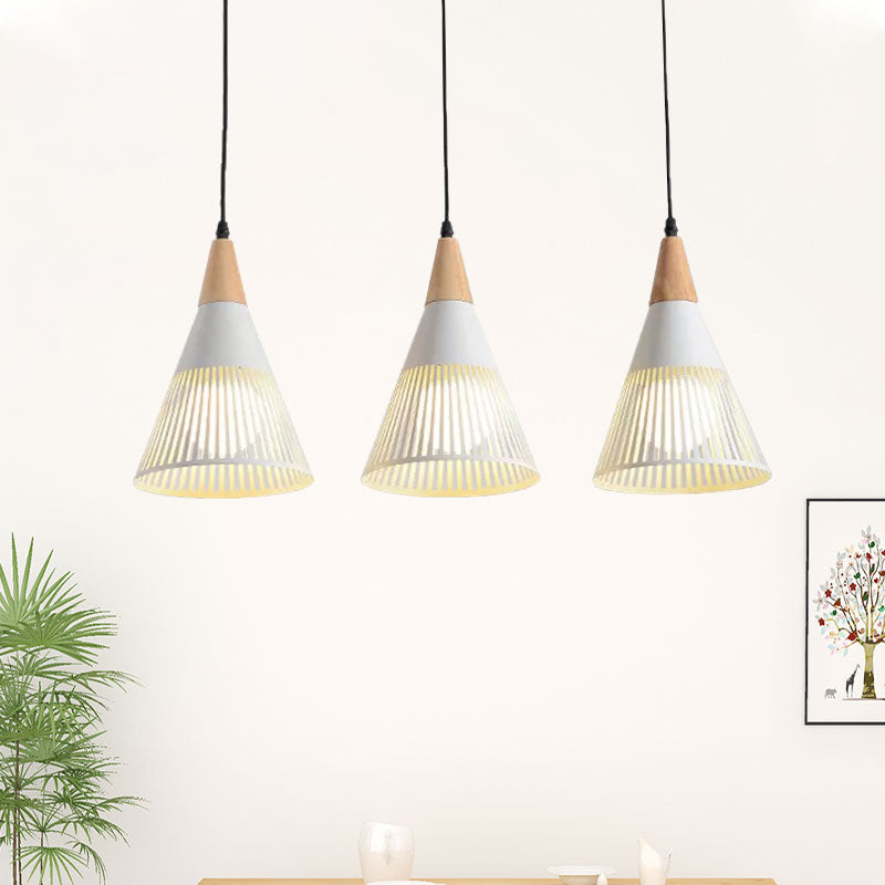 Nordic Cone Ceiling Light 3 Heads Metal and Wood Pendant Lighting with Wire Frame and Linear/Round Canopy in Black/White White Linear Clearhalo 'Ceiling Lights' 'Modern Pendants' 'Modern' 'Pendant Lights' 'Pendants' Lighting' 679335