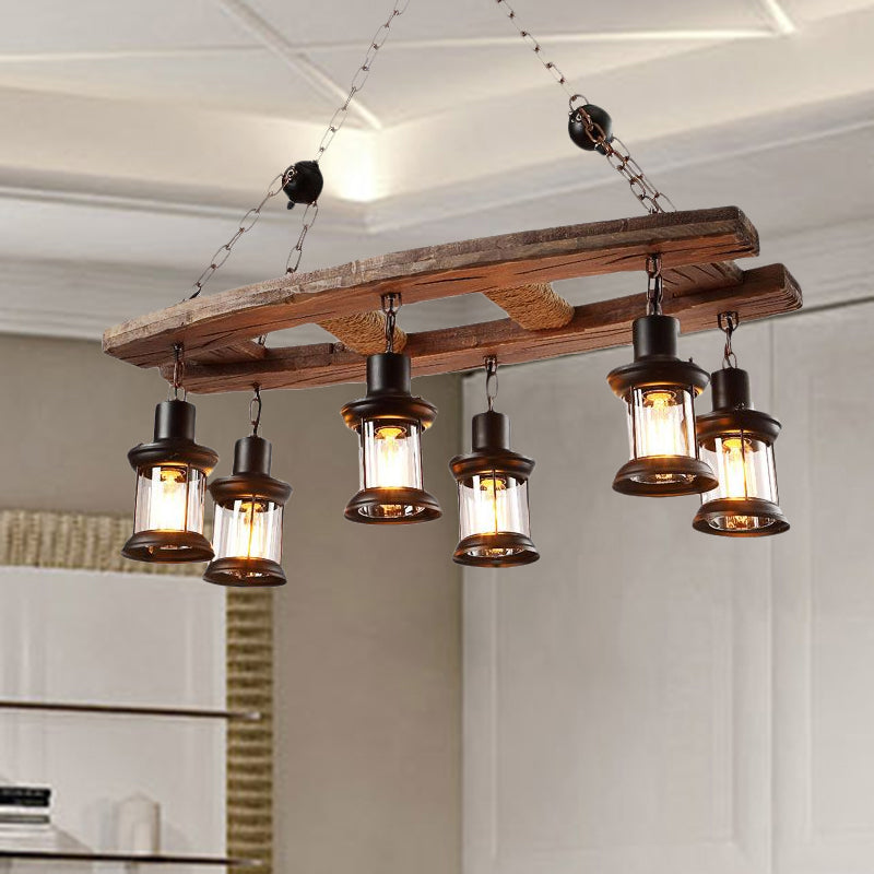 Clear Glass Black Island Pendant Lantern 6-Light Rustic Hanging Light Kit with Wooden Board Clearhalo 'Ceiling Lights' 'Island Lights' Lighting' 679354