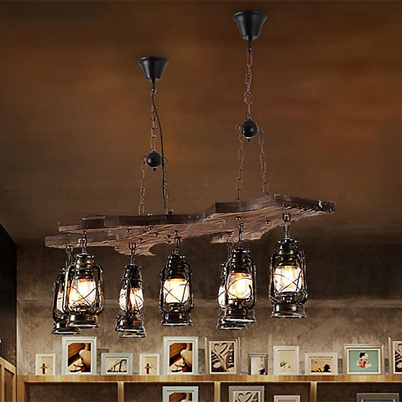 Linear Chandelier Light with Lantern Shade Industrial Metal 8 Lights Island Lighting in Antique Brass Clearhalo 'Ceiling Lights' 'Island Lights' Lighting' 679363