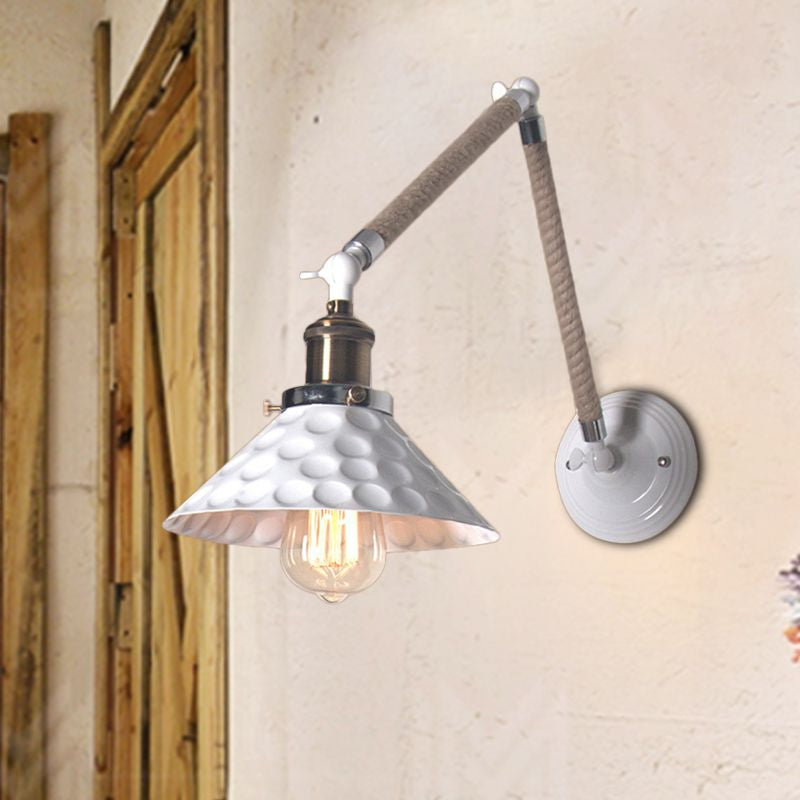 Metal Dimpled Conic Wall Sconce Industrial Style 1 Light Corridor Wall Light with Swing Arm in White Clearhalo 'Art deco wall lights' 'Cast Iron' 'Glass' 'Industrial wall lights' 'Industrial' 'Middle century wall lights' 'Modern' 'Rustic wall lights' 'Tiffany' 'Traditional wall lights' 'Wall Lamps & Sconces' 'Wall Lights' Lighting' 679396