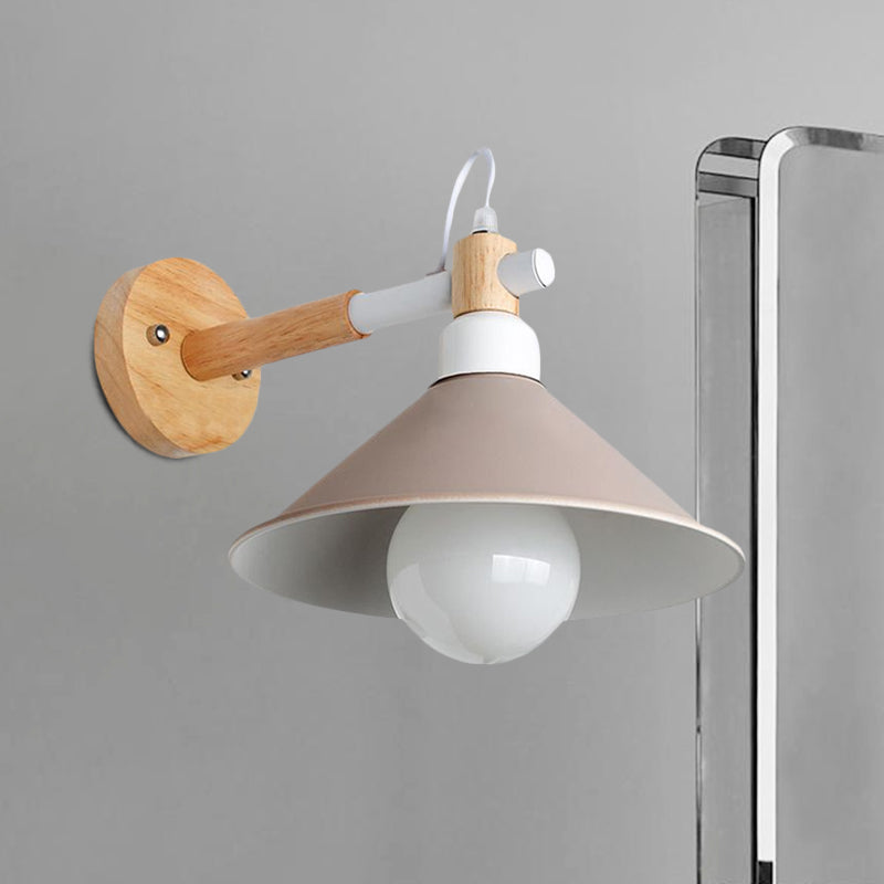 Nordic Stylish Cone Wall Lighting Fixture 1 Head Metallic Sconce Lamp with Wooden Joint in Black/Grey for Hallway Clearhalo 'Cast Iron' 'Glass' 'Industrial' 'Modern wall lights' 'Modern' 'Tiffany' 'Traditional wall lights' 'Wall Lamps & Sconces' 'Wall Lights' Lighting' 679406