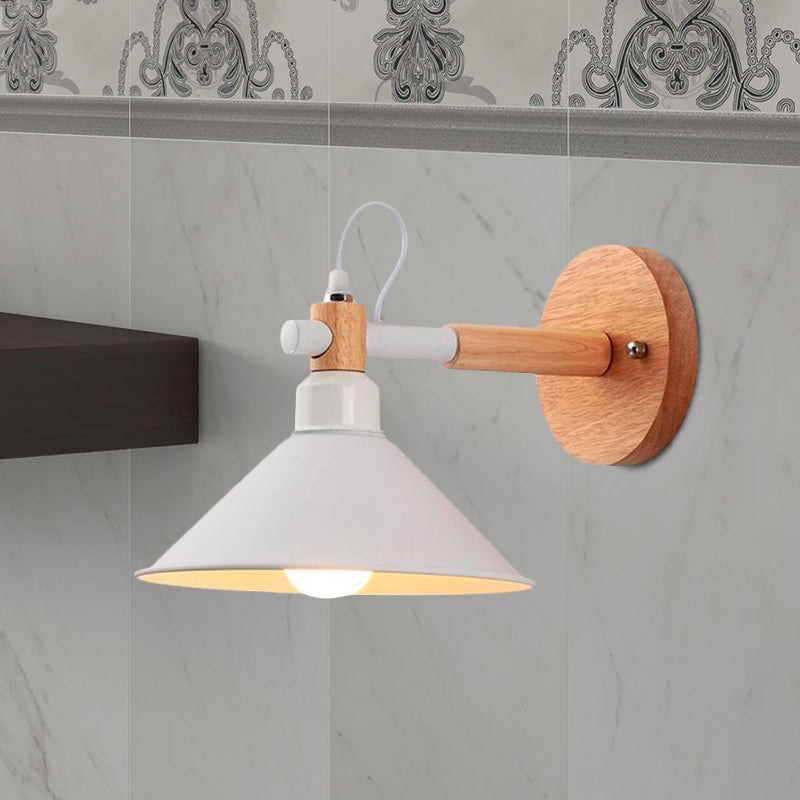 Nordic Stylish Cone Wall Lighting Fixture 1 Head Metallic Sconce Lamp with Wooden Joint in Black/Grey for Hallway Clearhalo 'Cast Iron' 'Glass' 'Industrial' 'Modern wall lights' 'Modern' 'Tiffany' 'Traditional wall lights' 'Wall Lamps & Sconces' 'Wall Lights' Lighting' 679410