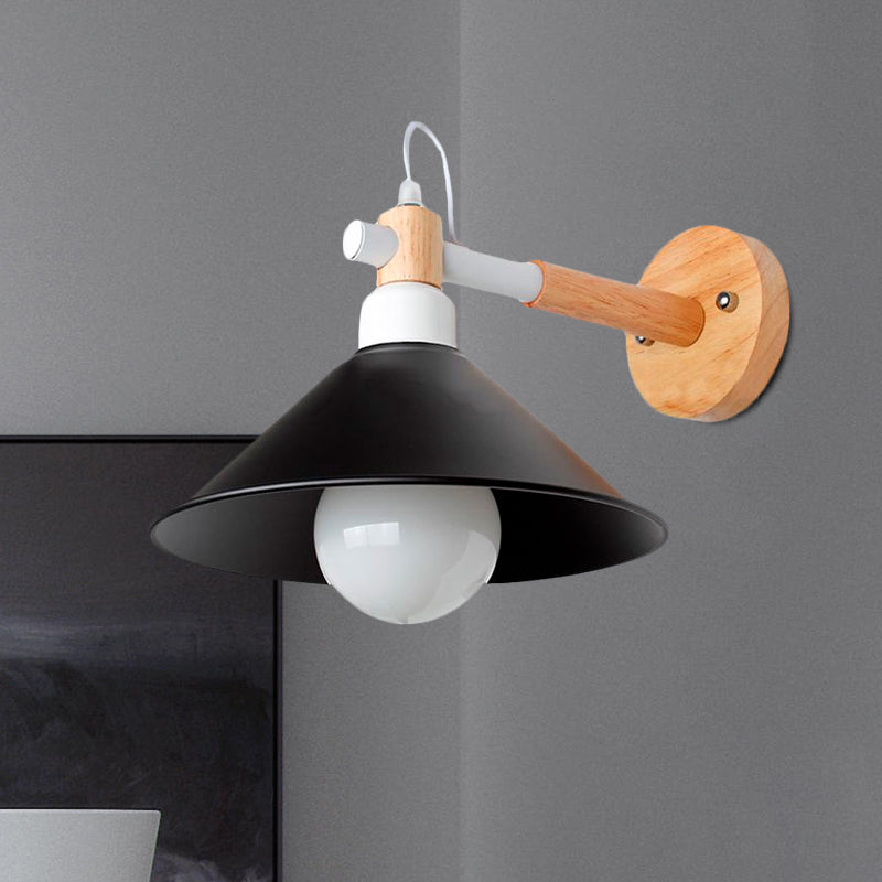Nordic Stylish Cone Wall Lighting Fixture 1 Head Metallic Sconce Lamp with Wooden Joint in Black/Grey for Hallway Clearhalo 'Cast Iron' 'Glass' 'Industrial' 'Modern wall lights' 'Modern' 'Tiffany' 'Traditional wall lights' 'Wall Lamps & Sconces' 'Wall Lights' Lighting' 679411