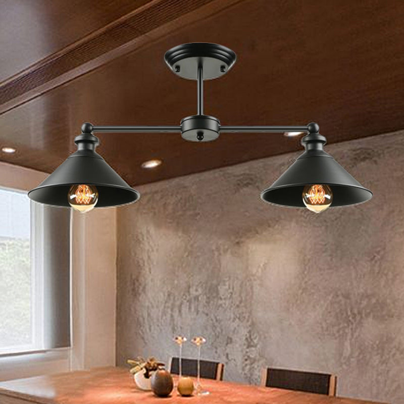 Double Conic Metallic Semi Flush Mount Light Industrial 2 Lights Dining Table Ceiling Lighting in Black Clearhalo 'Ceiling Lights' 'Close To Ceiling Lights' 'Close to ceiling' 'Semi-flushmount' Lighting' 679419