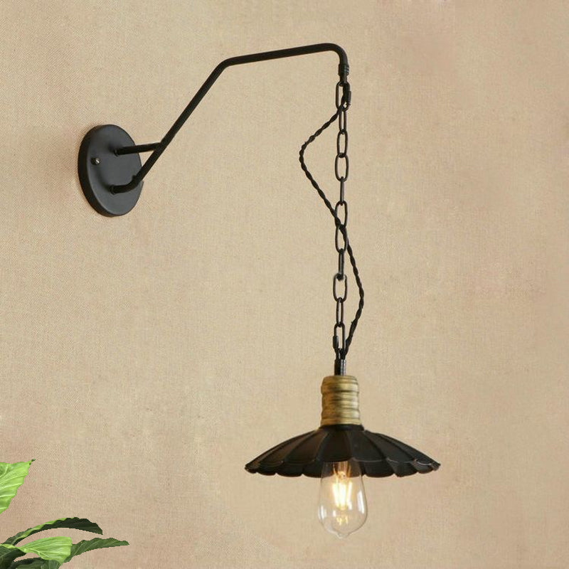 Black Scalloped Wall Hanging Light Vintage Stylish Metallic 1 Bulb Dining Table Wall Sconce Light, 10"/14" Width Clearhalo 'Art deco wall lights' 'Cast Iron' 'Glass' 'Industrial wall lights' 'Industrial' 'Middle century wall lights' 'Modern' 'Rustic wall lights' 'Tiffany' 'Traditional wall lights' 'Wall Lamps & Sconces' 'Wall Lights' Lighting' 679469