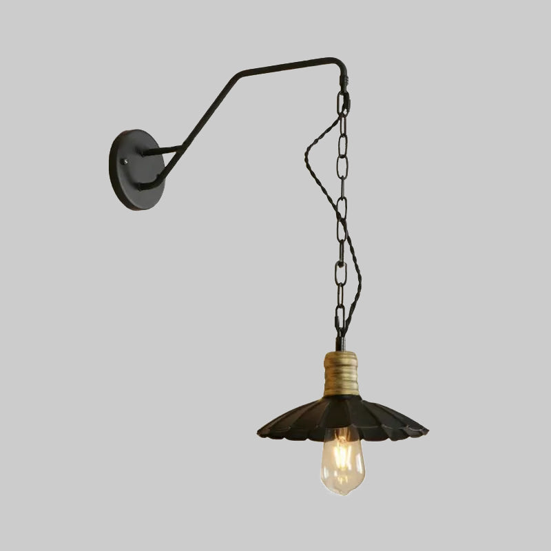 Black Scalloped Wall Hanging Light Vintage Stylish Metallic 1 Bulb Dining Table Wall Sconce Light, 10"/14" Width Clearhalo 'Art deco wall lights' 'Cast Iron' 'Glass' 'Industrial wall lights' 'Industrial' 'Middle century wall lights' 'Modern' 'Rustic wall lights' 'Tiffany' 'Traditional wall lights' 'Wall Lamps & Sconces' 'Wall Lights' Lighting' 679470