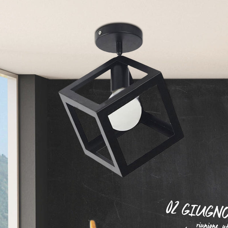 1 Light Squared Ceiling Mounted Light with Wire Guard Loft Style Black/Gray Metallic Semi-Flush Lighting for Bedroom Clearhalo 'Ceiling Lights' 'Close To Ceiling Lights' 'Close to ceiling' 'Semi-flushmount' Lighting' 679486