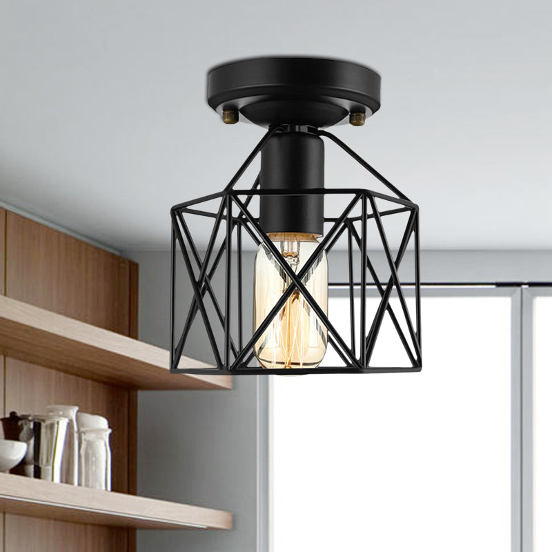 Hexagon Iron Ceiling Mounted Fixture with Cage Shade Vintage Stylish 1 Bulb Balcony Close to Ceiling Lamp in Black/White Clearhalo 'Ceiling Lights' 'Close To Ceiling Lights' 'Close to ceiling' 'Semi-flushmount' Lighting' 679488